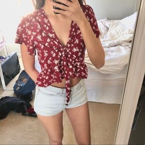 Red Floral Tie Front Flounce Crop Top